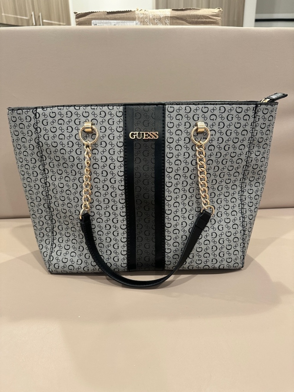 GUESS Black and Gray Logo Stripe Tote with Gold Chain Accents - Picture 1 of 8